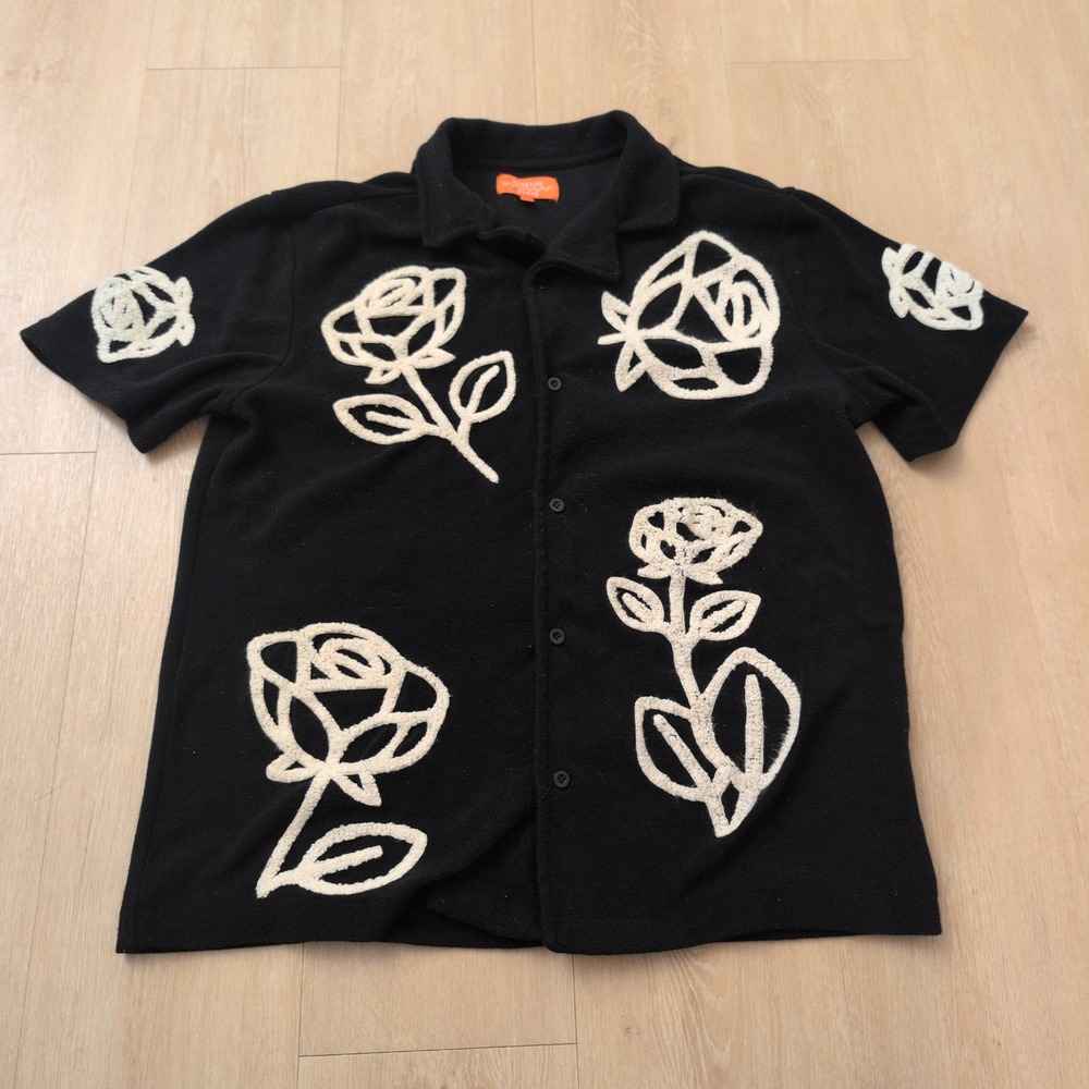 Negative Space Mens Terry Applique Rose Embroidered Knit Button Down Shirt Small